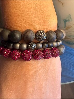 Stacked Beaded Bracelet Set with maroon  Crystal Pave Accents